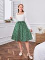 SHEIN Teen Girls' Knitted Slub Yarn Patchwork Floral Print Square Neckline Dress