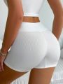 SHEIN Women's Single Color V-Waist Ribbed Breathable Safety Shorts
