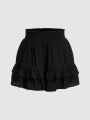 SHEIN Kids CHARMNG Tween Girls' High Waist Double Layered Ruffled Hem Shorts With Elastic Waistband, Summer