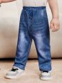 SHEIN Boys' Baby Imitation Denim Printed Casual Straight Leg Pants