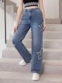 Teen Girls' Fashionable Star Patches Design Washed Denim Straight Pants