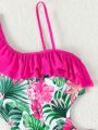 Teen Girls' Tropical Print Splice Ruffle Hem One Piece Swimsuit