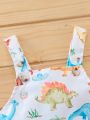 Baby Boy Round Neck Short Sleeve T-Shirt And Cartoon Animal Print Suspenders Romper Two Piece Set, Summer
