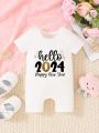 Baby Girls' Comfortable Casual Basic And Cute Jumpsuit, Spring/Summer With Fun New Year Slogan Print
