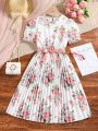 Teen Girls' Casual Flower Pattern Printed Dress With Pleated Hem And Waist Belt