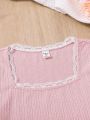SHEIN Teen Girl Square Neck Lace Trim Slim Fit Jacquard Knit Tee