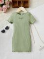 SHEIN Kids EVRYDAY Young Girl Letter Embroidery Lettuce Trim Ribbed Knit Dress