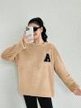 Teen Girl Letter Patched Drop Shoulder Fuzzy Sweatshirt