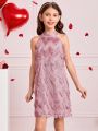 SHEIN Kids CHARMNG Girls' Corduroy Halter Neckline Wave Point A-Line Dress