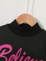 SHEIN Kids HYPEME Young Girl Letter Graphic Contrast Fleece Drop Shoulder Sweatshirt