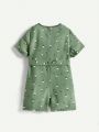 Cozy Cub Baby Girl Flower Pattern And Solid Color Round Neck Short Sleeve Romper With Shorts 2pcs/Set