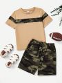 SHEIN Kids EVRYDAY Young Boy Camouflage Print Short Sleeve T-Shirt And Shorts 2pcs/Set Casual Outfit