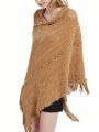 1pc Women's Solid Color Knitted Hollow Out Fringed Shawl With Tassel, Autumn & Winter Warm Scarf For Daily Streetwear