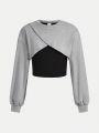 SHEIN Tween Girls' Slim-Fit Oversized Colorblock Round Neck Long Sleeve Sweatshirt With 2 In 1 Design