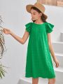 SHEIN Kids EVRYDAY Tween Girl's Woven Solid Color Round Neck Short Sleeve Loose Casual Dress
