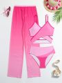 Teenage Girls' Simple Pink Print Bikini Set With Mesh Cover-up Pants