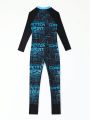 Big Boys' Letter Print Long Sleeve One-Piece Swimsuit With Shoulder Pads For Sports