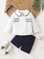 Fashionable And Versatile Baby Boy'S Casual Artistic Design Printed Long Sleeve Shirt And Shorts Cool 2-Piece Outfit