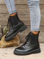 Women's Fashionable Round Toe Lace-up Plus Size Classic Boots, Black