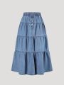 Teen Girls' Vintage Elegant And Romantic Elastic Waist A-Line Denim Skirt