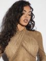 SHEIN BAE Mesh Fabric Beige Texture Wrapped Halterneck Jumpsuit With See-Through Long Sleeves For Resort Wear