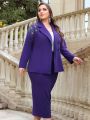SHEIN Modely Plus Size Women's Elegant Suit Set With Rhinestone Detail