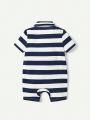 Cozy Cub Baby Boys' Casual Blue And White Striped Turn-Down Collar Romper 2pcs/Set