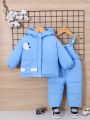 SHEIN Baby Boys' Casual Blue Hooded Fleece Jacket And Overalls Set, Winter
