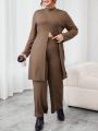 SHEIN Essnce Women'S Plus Size Solid Color Ribbed Knit 2pcs Set