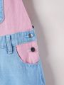 Girls' Casual Street Wear Loose Fit & Comfortable Denim Overall Shorts With Colorblocked Design