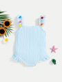 SHEIN Baby Girl Cute Cartoon Bird Striped/Printed Swimsuit With Colorful Pom Pom Decoration And Spaghetti Straps