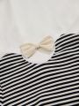 SHEIN Kids KDOMO Young Girls' Loose Fit Casual Round Neck Pullover Tee With Puff Sleeves And Back Bow Decoration