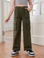 SHEIN Tween Girls' Solid Color Casual Fashion Cargo Denim Pants