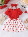 Young Girl Ruffled Trim Bow Love Print Patchwork Dress