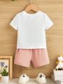 SHEIN Baby Boy Letter & Crown Printed Short Sleeve T-Shirt And Shorts Casual Sports 2pcs/Set