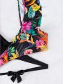 SHEIN Swim Vcay Women's Floral Printed Ruffled Swimsuit Top