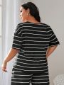 Women's Plus Size Black & White Striped Short Sleeve Sleepwear Top