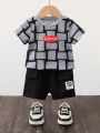 Baby Boys' Fashionable And Cool Round Neck Printed Short-sleeved T-shirt, Letter Patch, Workwear Pocket Shorts, Casual And Simple, For Spring And Summer