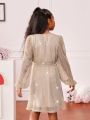 SHEIN Tween Girl Solid Color Lantern Sleeve Wrap Dress With Waist Belt