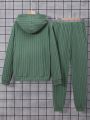 Men's Green Striped Ribbed Hooded Long Sleeve Top And Long Pants Set