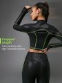 GLOWMODE FeatherFit™-Shine Bold Energy Foiled Leather High Neck Cropped Long Sleeve Tee With Thumbhole Low Impact Daily