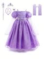 Young Girls' 1pc Ribbon Tie Mesh Tutu Dress With Crown Accessory