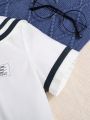 SHEIN Kids Academe Young Boy Color Block Collar Shirt & Shorts Set With Alphabet Badge Detailing