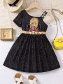 SHEIN Kids Cooltwn Little Girls' Asymmetric Neckline Letter Tape & Character Belt & Faux Pearl Print Dress