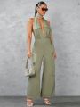 SHEIN BAE Solid Color High Street Jumpsuit With Pockets, Belt And Wide Legs