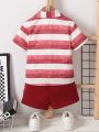 SHEIN Kids SUNSHNE Little Boys' Color Block Stripe Top And Solid Color Shorts 2pcs/Set