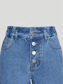Tween Girls' Denim Shorts With Multiple Buttons And Rolled Hem In Washed Blue Color