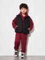 SHEIN Toddler Boys' Casual Comfortable Hoodie With Twisted Knitting Pattern & Thick -padded Vest & Warmer Trousers