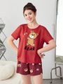 SHEIN Teen Girls' Knitted Adorable Bear Pattern Short Sleeve T-Shirt And Shorts Homewear
