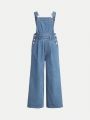 SHEIN Kids Nujoom Girls' Casual Denim Overalls With Diagonal Pockets And No Elasticity Design
